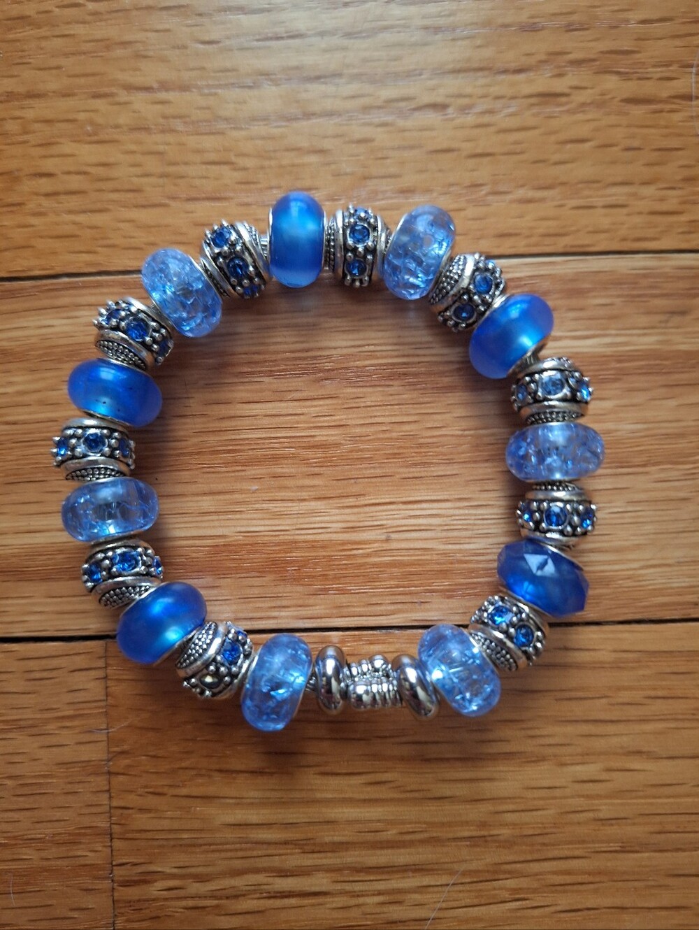 Handmade, Adjustable,Ocean Blue & Silver Glass Bead Bracelet